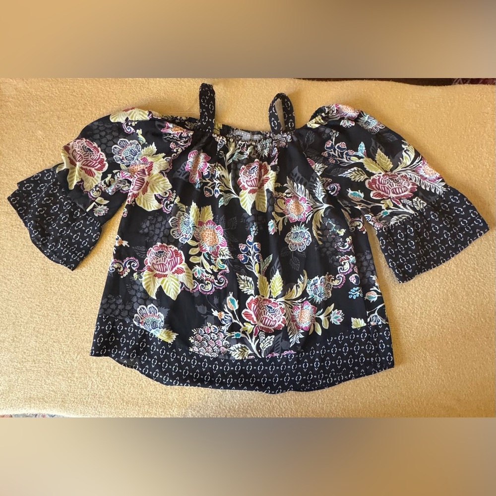 Valerie Stevens Black Floral Off-Shoulder Blouse with Pink and Yellow Accents